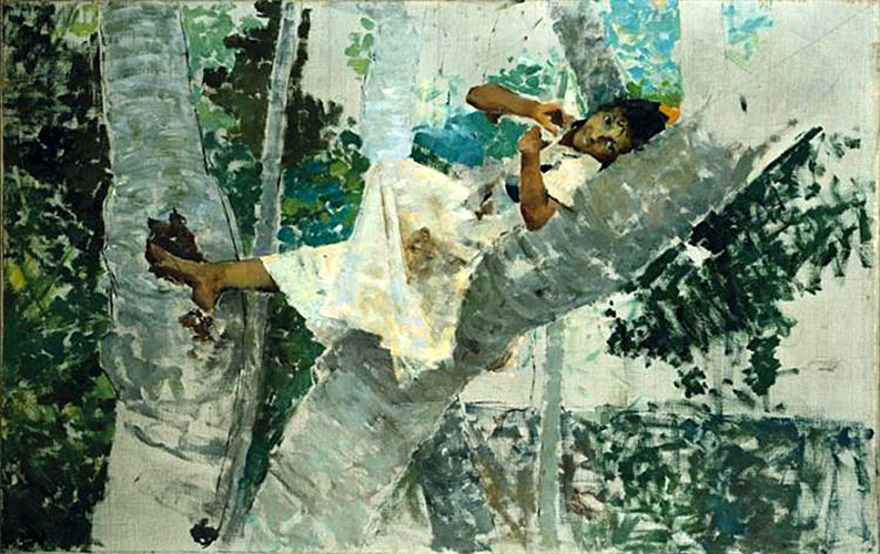 young girl lying on the trunk of a tree